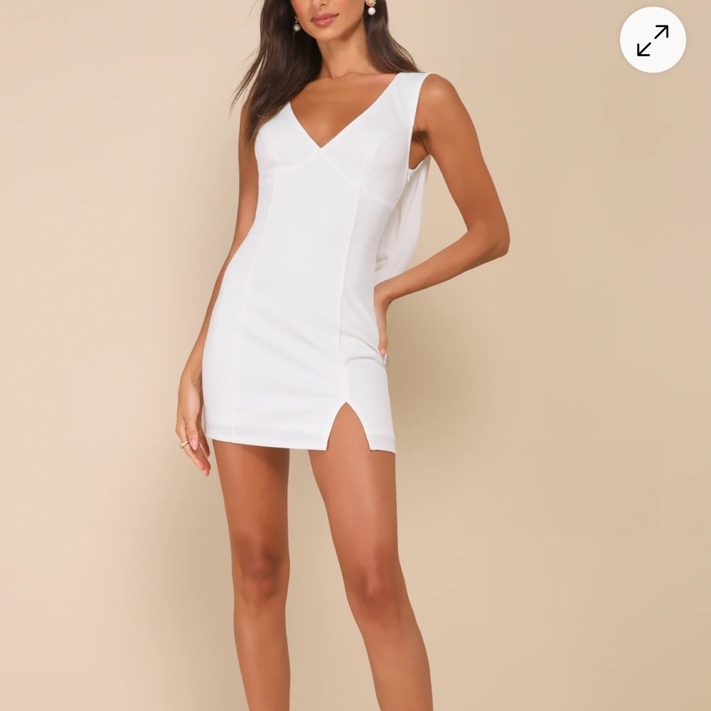 Lulu's White V-Neck Mini Dress with Side Slit